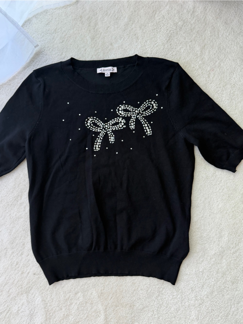 Nanette Lepore Black Short-Sleeve Sweater with Rhinestone Bows